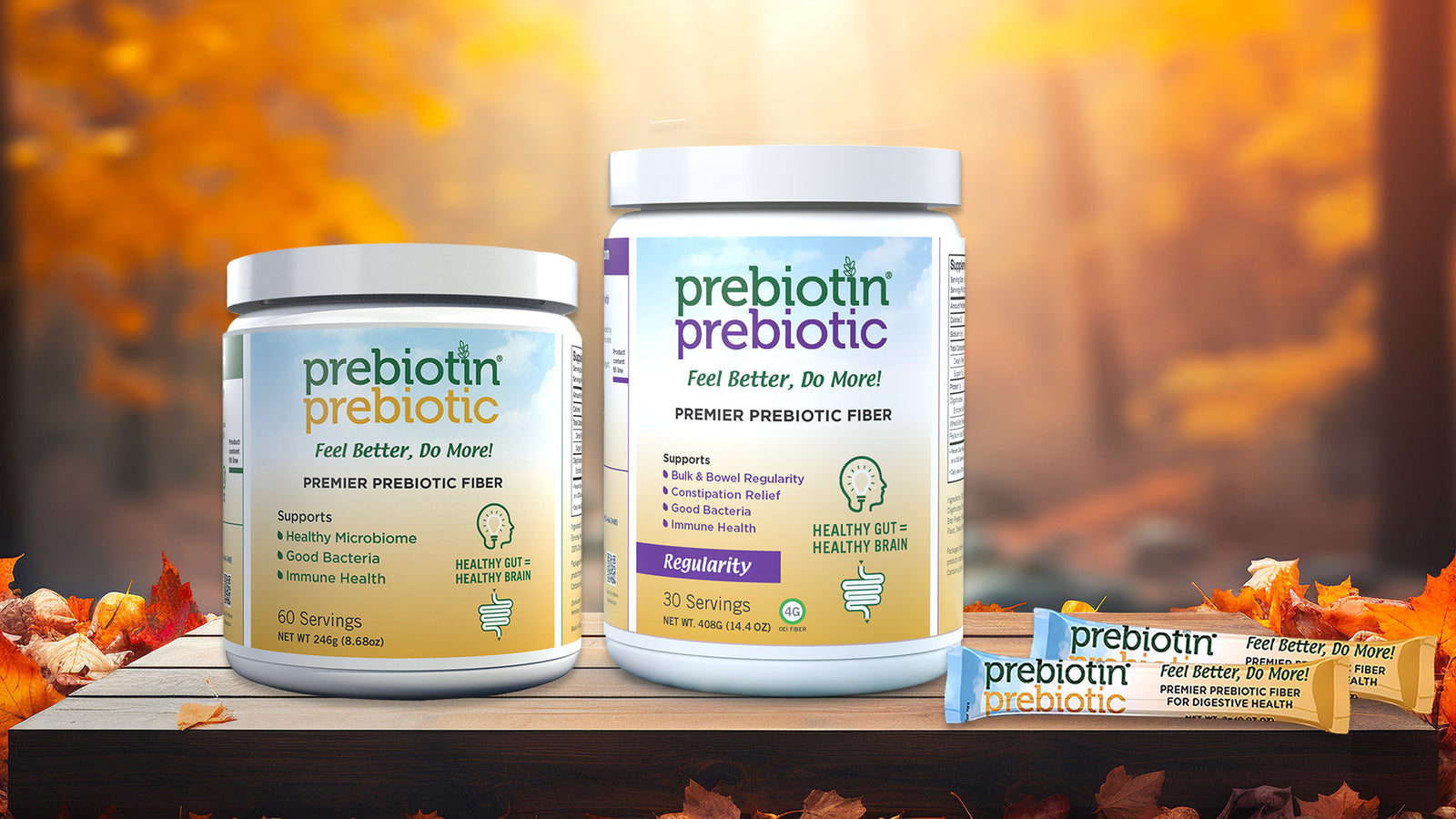 Prebiotin Plain, Regularity, and 2g Stick Packs on display in Autumn setting