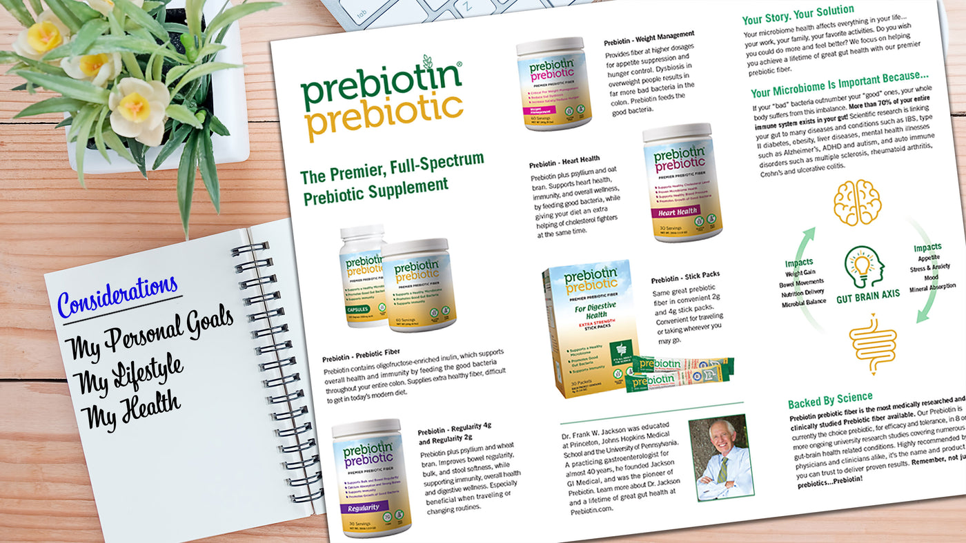 Which Prebiotin is Right for Me? Image of product brochure and considerations list