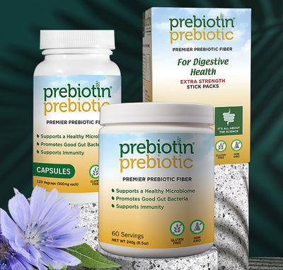 Image of a jar, bottle of capsules and stick pack box all containing Prebiotin's Plain Prebiotic Fiber